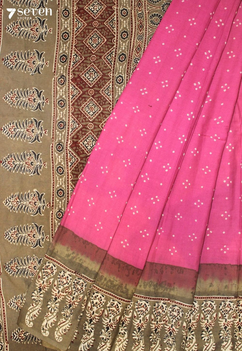 Uthavi Kutch Pink Handmade Ajrakh Bandhini 100% Cotton Saree