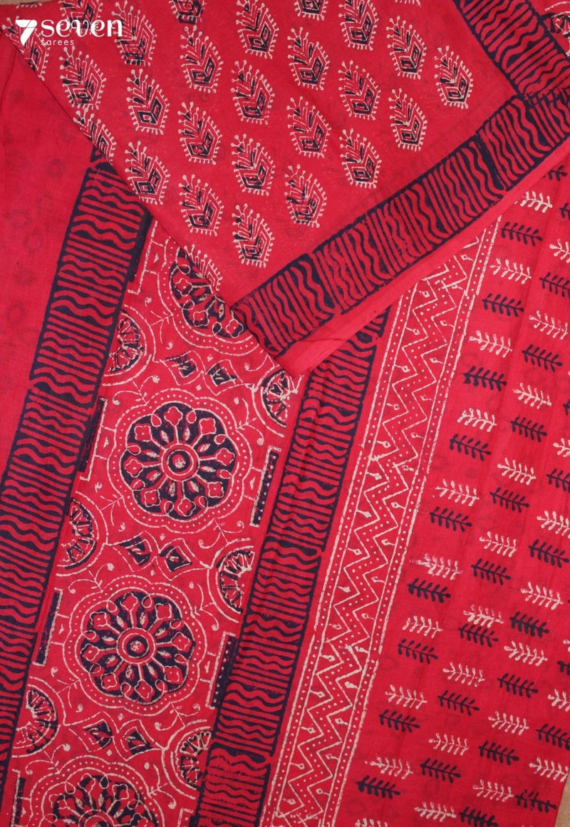 Jharini Jaipur Red Hand Block Printed 100% Cotton Saree