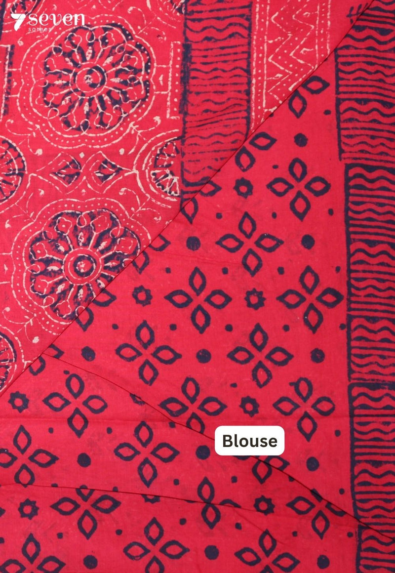 Jharini Jaipur Red Hand Block Printed 100% Cotton Saree