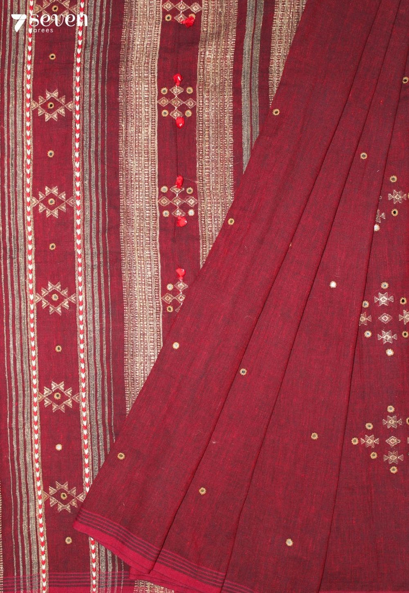 Temori Kutch Maroon Handloom Kala Cotton with Tussar Silk Bhujodi Saree
