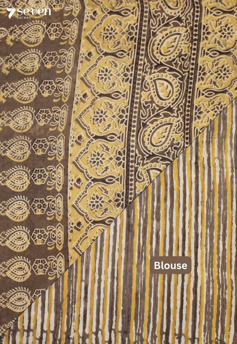 Kanthavi Jaipur Brown Hand Block Printed Vegetable Dyed 100% Cotton Saree