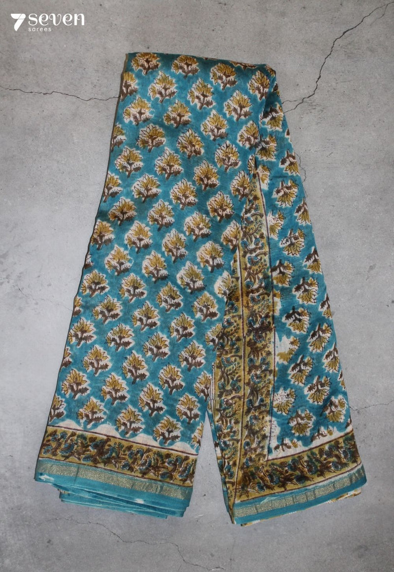 Rudraya Jaipur Blue Hand Block Printed Silk Cotton Saree