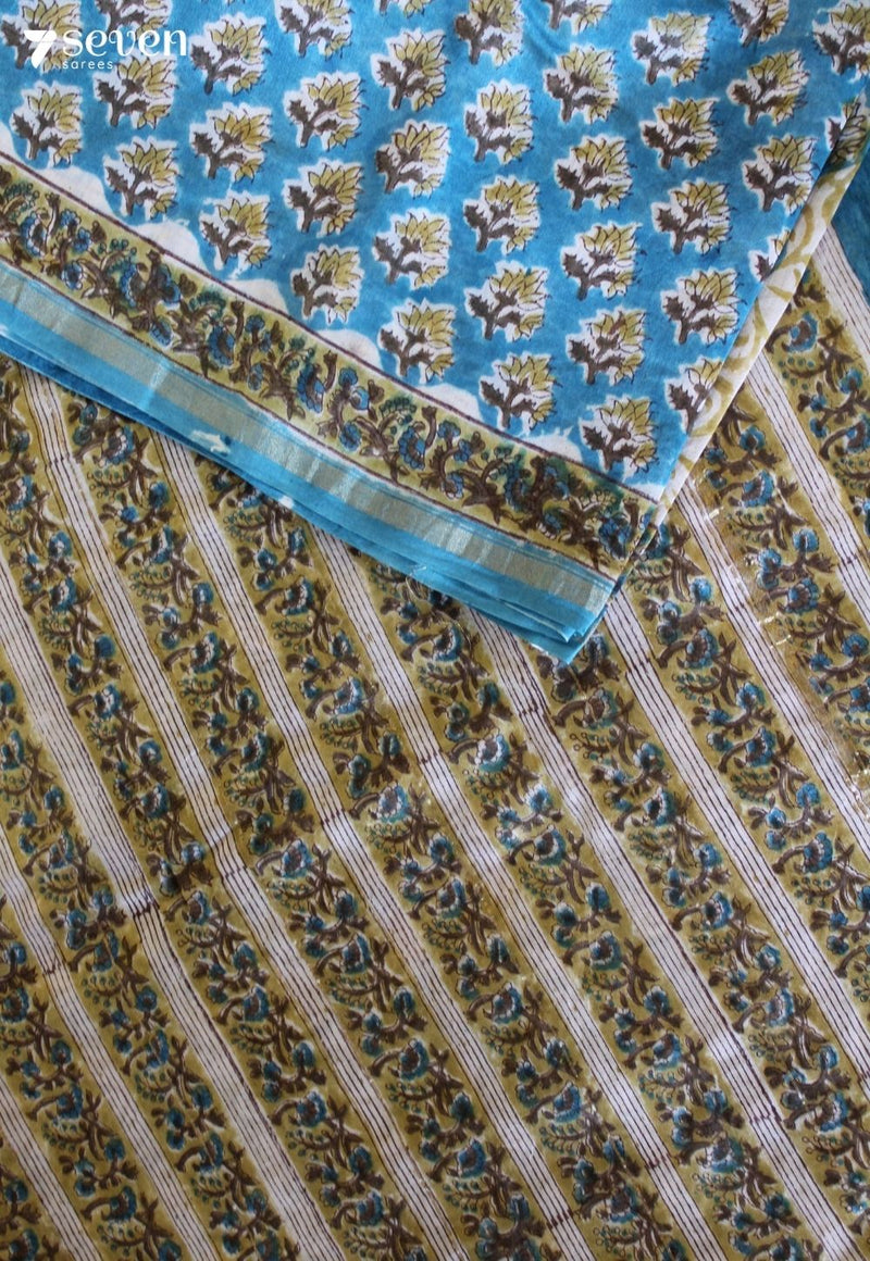 Rudraya Jaipur Blue Hand Block Printed Silk Cotton Saree