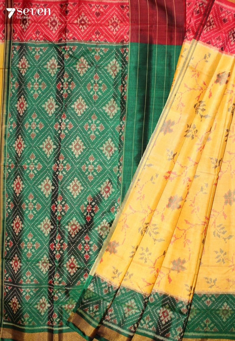 Armeya Patola Handloom Single Ikkat Yellow Pure Silk Saree|Silk Mark Certified
