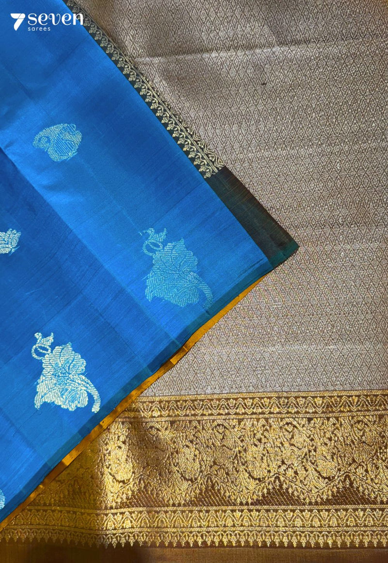 Wild Flower Signature Seven Handloom Blue/Mustard Bangalore Pure Silk Saree|Silk Mark Certified