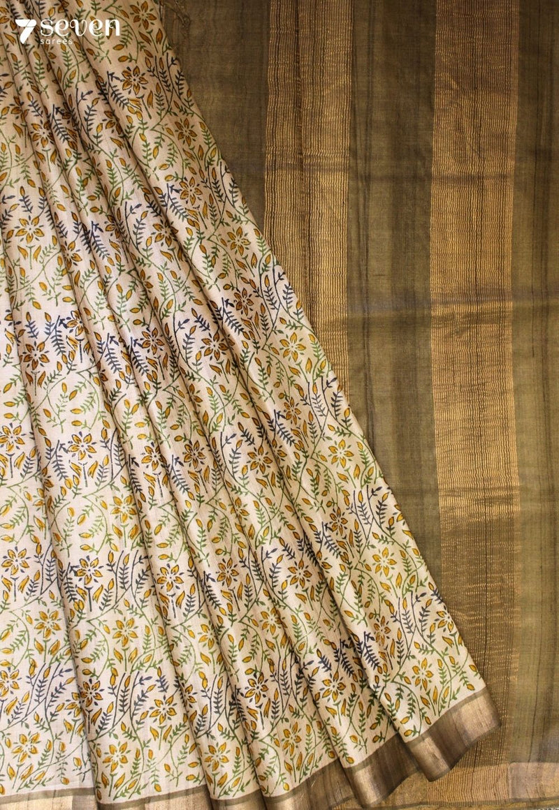 Fresh Earth Handloom Green Pure Tussar Silk(Kosa) Saree with Handblock Print| Silk Mark Certified