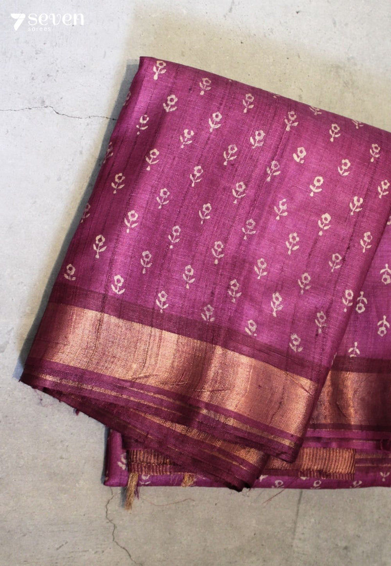 A Thousand Leaves Handloom Pink Pure Tussar Silk(Kosa) Saree with HandBlock Print| Silk Mark Certified - Seven Sarees - Saree - Seven Sarees