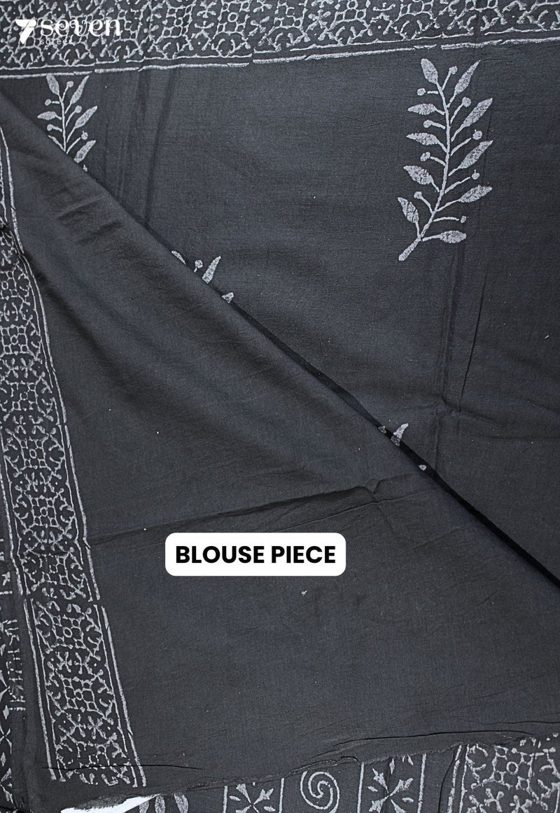 Aamodini Jaipur Black Hand Block Printed 100% Cotton Saree - Seven Sarees - Saree - Seven Sarees