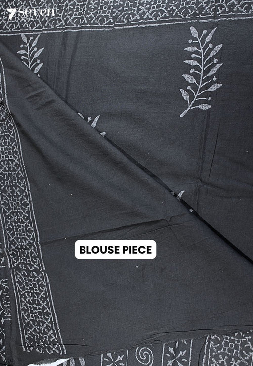 Aamodini Jaipur Black Hand Block Printed 100% Cotton Saree - Seven Sarees - Saree - Seven Sarees