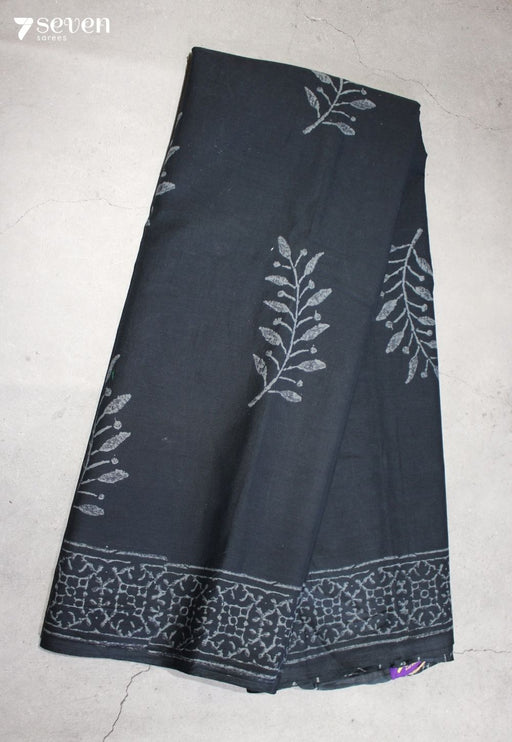 Aamodini Jaipur Black Hand Block Printed 100% Cotton Saree - Seven Sarees - Saree - Seven Sarees