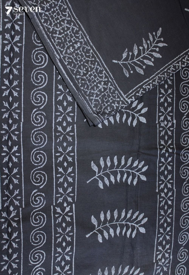 Aamodini Jaipur Black Hand Block Printed 100% Cotton Saree - Seven Sarees - Saree - Seven Sarees