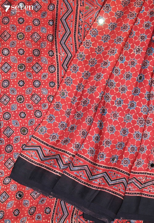 Anuradha Kutch Red Pure Handmade Ajrakh Modal with Handpasted Mirrors