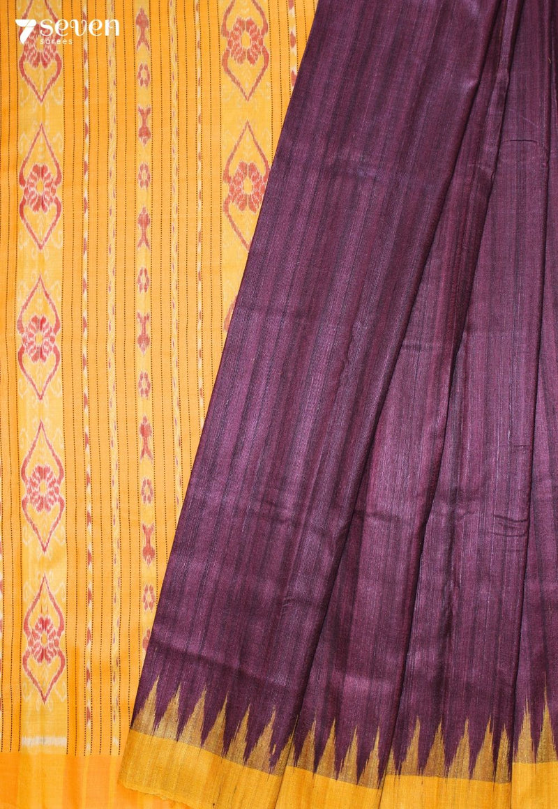 Anvaya Handloom Plum Pure Tussar Silk Saree with Cotton Ikkat Pallu - Seven Sarees - Saree - Seven Sarees