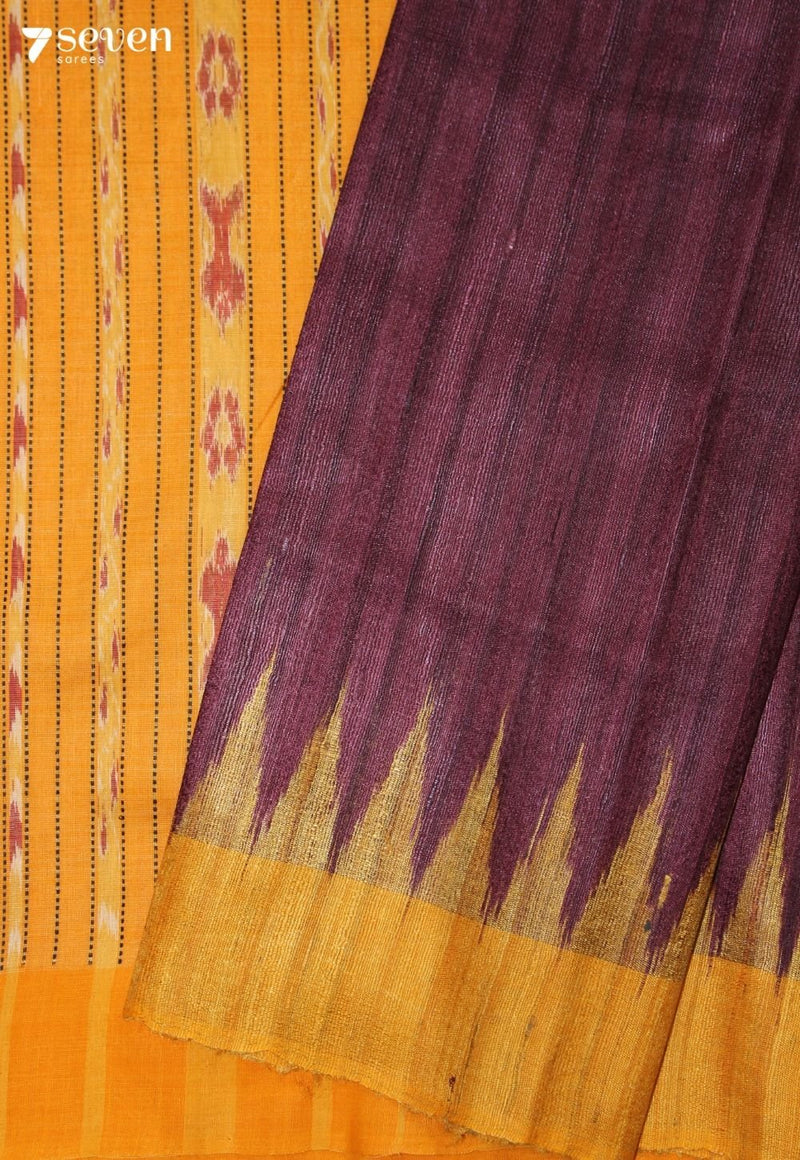 Anvaya Handloom Plum Pure Tussar Silk Saree with Cotton Ikkat Pallu - Seven Sarees - Saree - Seven Sarees