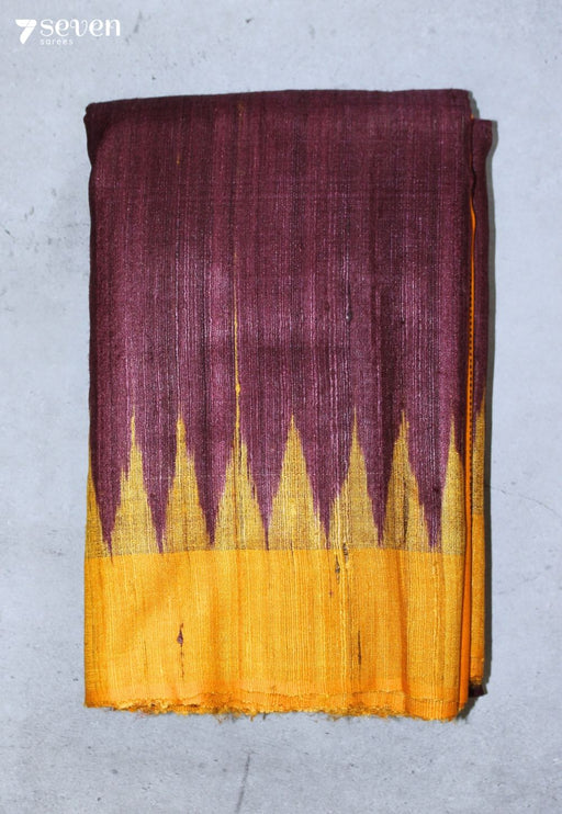 Anvaya Handloom Plum Pure Tussar Silk Saree with Cotton Ikkat Pallu - Seven Sarees - Saree - Seven Sarees