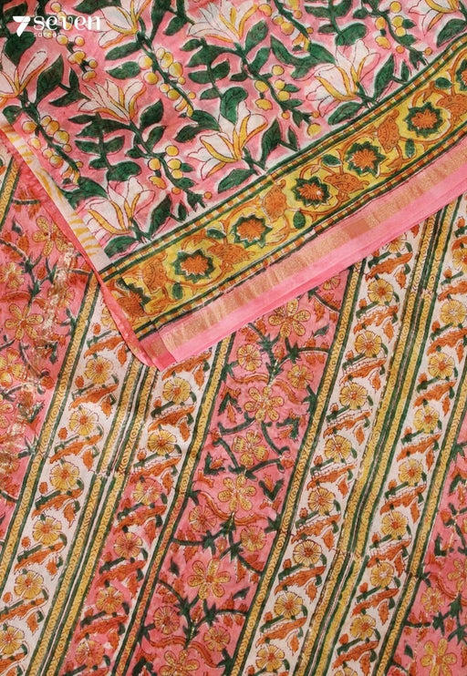 Arvini Jaipur Pink Hand Block Printed Silk Cotton Saree - Seven Sarees - Saree - Seven Sarees