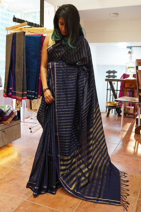 Arya Signature Seven Handloom Navy Blue Bangalore Pure Cotton Saree - Seven Sarees - Saree - Seven Sarees