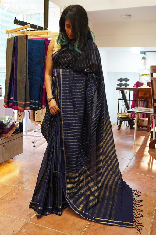 Arya Signature Seven Handloom Navy Blue Bangalore Pure Cotton Saree - Seven Sarees - Saree - Seven Sarees