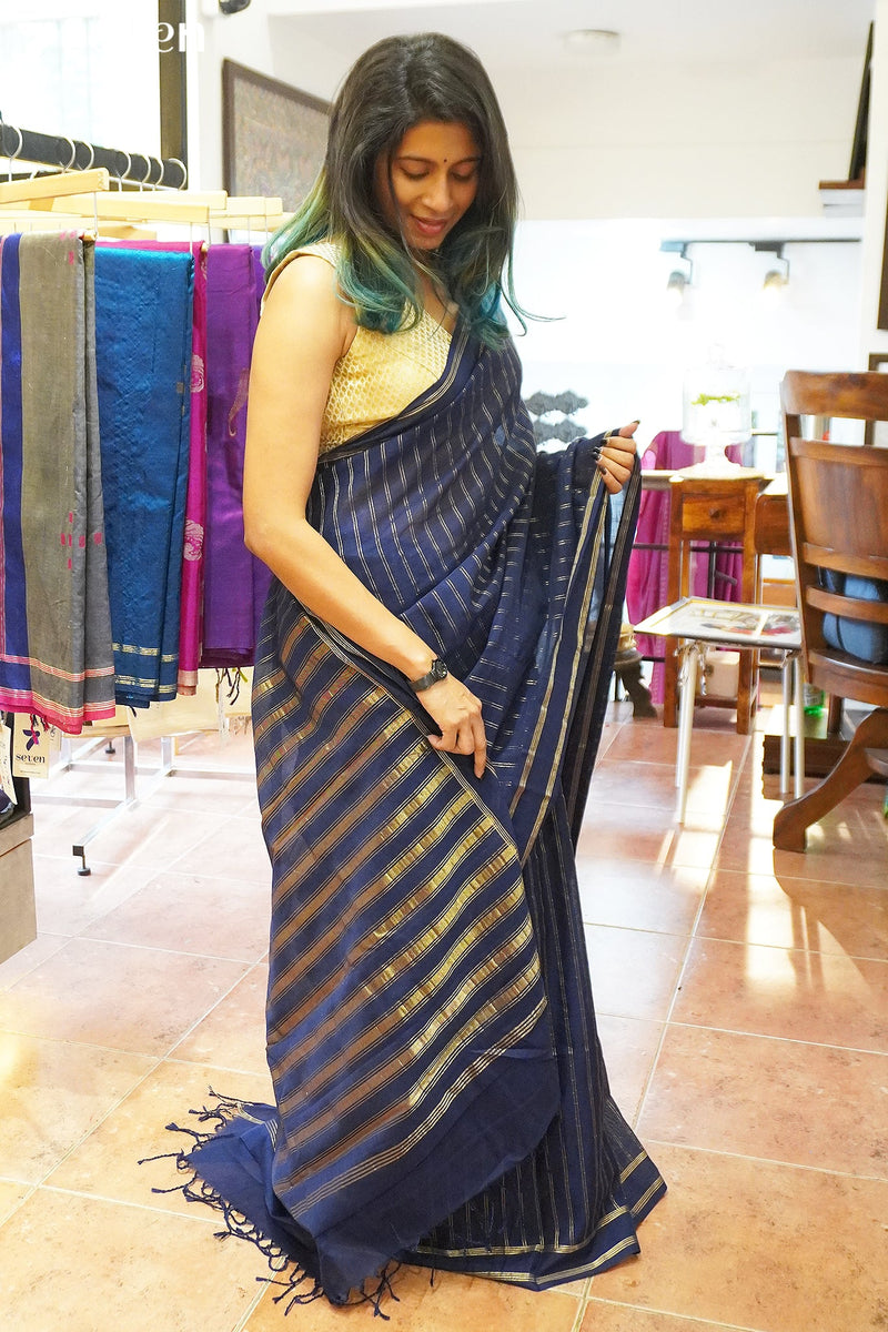 Arya Signature Seven Handloom Navy Blue Bangalore Pure Cotton Saree - Seven Sarees - Saree - Seven Sarees