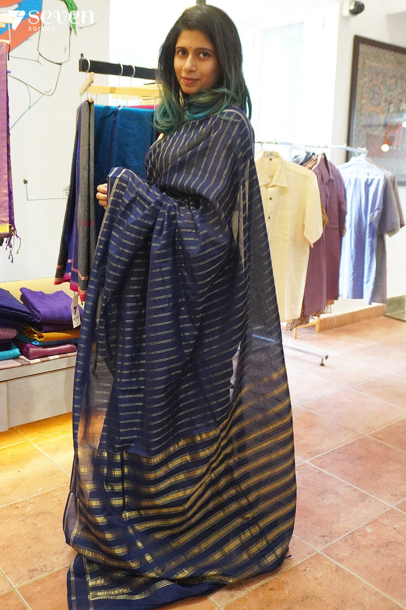 Arya Signature Seven Handloom Navy Blue Bangalore Pure Cotton Saree - Seven Sarees - Saree - Seven Sarees