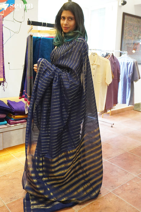 Arya Signature Seven Handloom Navy Blue Bangalore Pure Cotton Saree - Seven Sarees - Saree - Seven Sarees