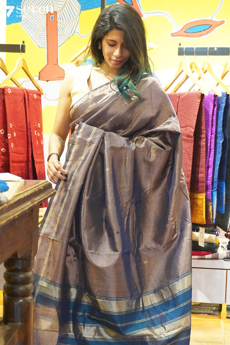 Ash's Luck Seven Signature Seven Handloom Silver Bangalore Vegan Silk Saree - Seven Sarees - Saree - Seven Sarees