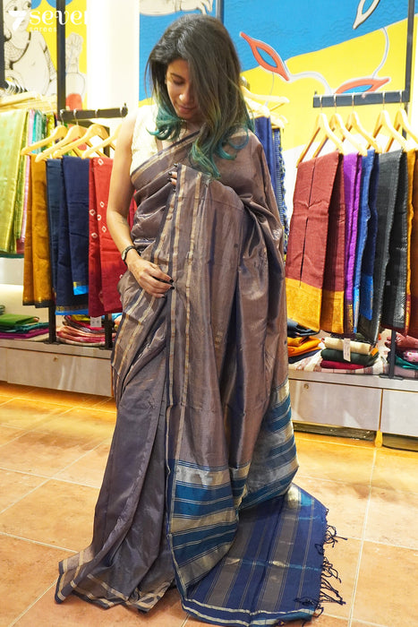 Ash's Luck Seven Signature Seven Handloom Silver Bangalore Vegan Silk Saree - Seven Sarees - Saree - Seven Sarees