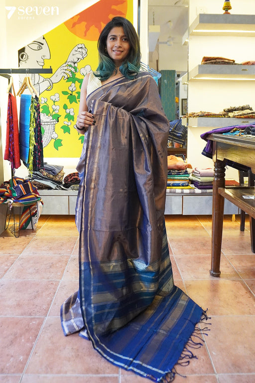 Ash's Luck Seven Signature Seven Handloom Silver Bangalore Vegan Silk Saree - Seven Sarees - Saree - Seven Sarees