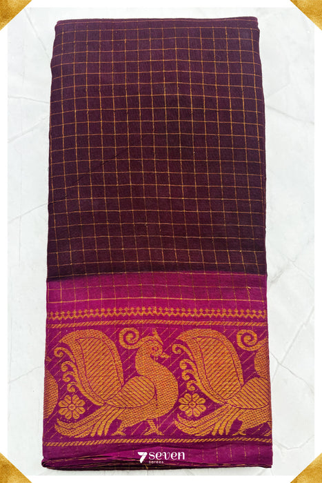 Azhagar Madurai Dark Brown Handmade Pure Cotton Sungudi Checks Saree - Seven Sarees - Saree - Seven Sarees