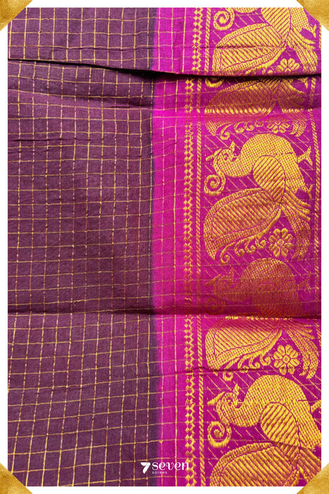 Azhagar Madurai Dark Brown Handmade Pure Cotton Sungudi Checks Saree - Seven Sarees - Saree - Seven Sarees