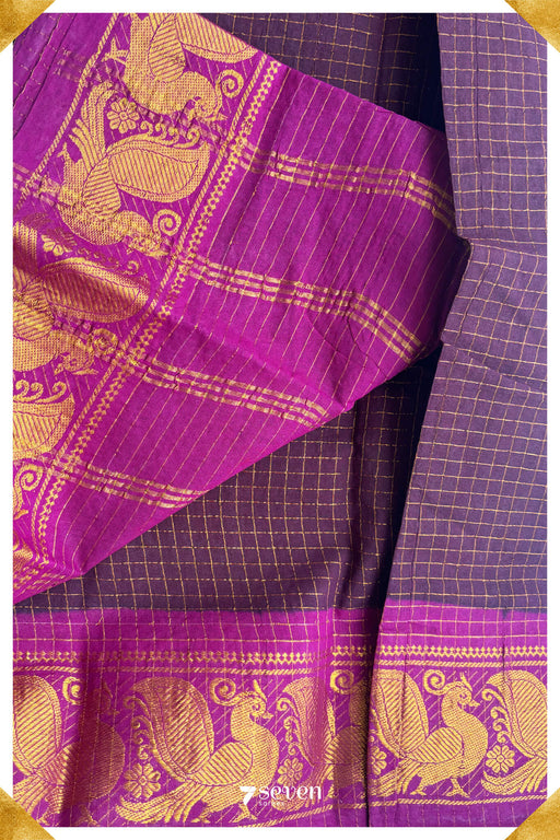 Azhagar Madurai Dark Brown Handmade Pure Cotton Sungudi Checks Saree - Seven Sarees - Saree - Seven Sarees