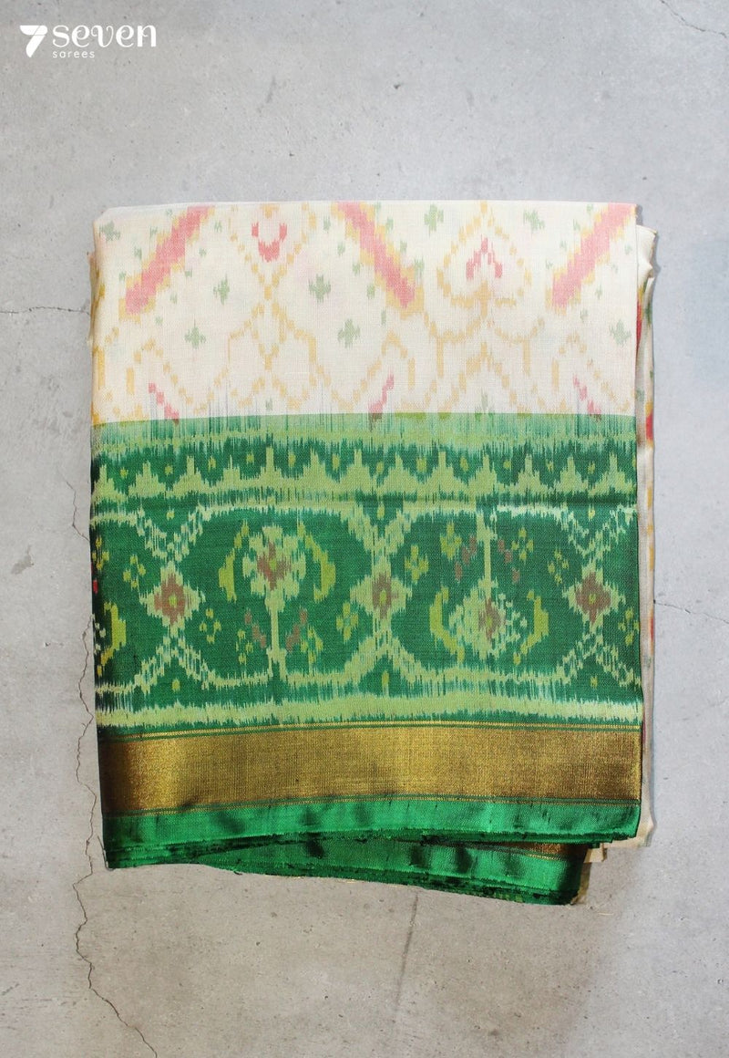 Azhvani Patola Handloom Single Ikkat Off White Pure Silk Saree|Silk Mark Certified - Seven Sarees - Saree - Seven Sarees