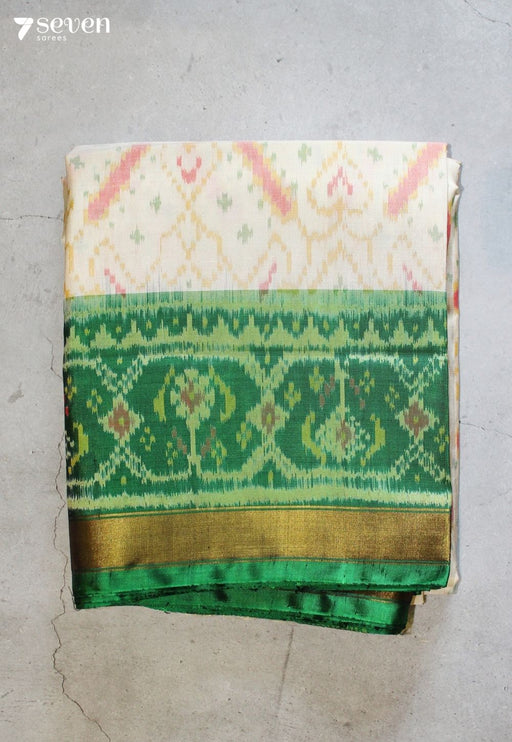 Azhvani Patola Handloom Single Ikkat Off White Pure Silk Saree|Silk Mark Certified - Seven Sarees - Saree - Seven Sarees