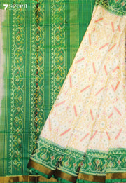 Azhvani Patola Handloom Single Ikkat Off White Pure Silk Saree|Silk Mark Certified - Seven Sarees - Saree - Seven Sarees