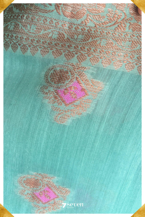 Banas Benares Turquoise Pure Silk Saree | Silk Mark Certified - Seven Sarees - Saree - Seven Sarees