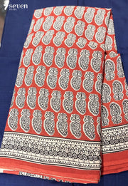 Barefoot Mornings Jaipur Red Handblock 100% Cotton Saree - Seven Sarees - Saree - Seven Sarees