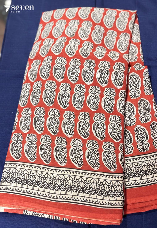 Barefoot Mornings Jaipur Red Handblock 100% Cotton Saree - Seven Sarees - Saree - Seven Sarees