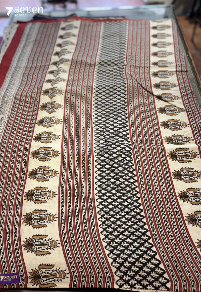 Barefoot Mornings Jaipur Red Handblock 100% Cotton Saree - Seven Sarees - Saree - Seven Sarees