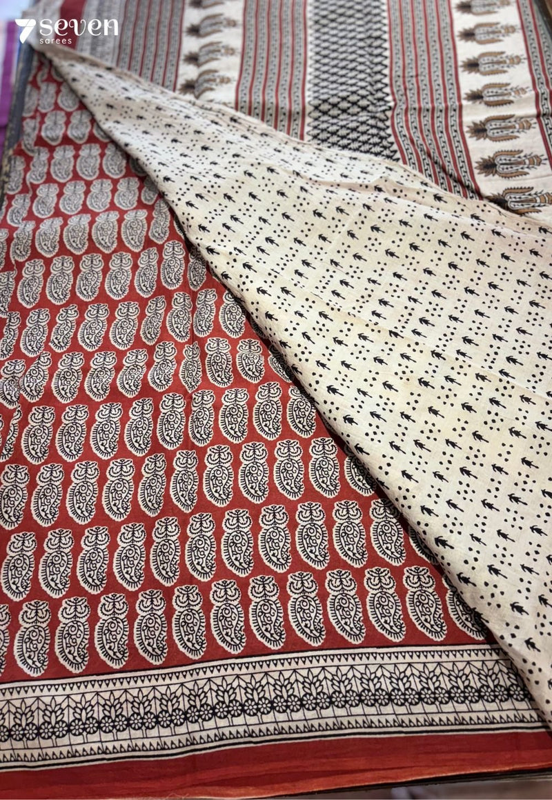 Barefoot Mornings Jaipur Red Handblock 100% Cotton Saree - Seven Sarees - Saree - Seven Sarees
