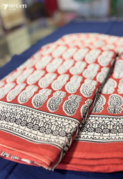 Barefoot Mornings Jaipur Red Handblock 100% Cotton Saree - Seven Sarees - Saree - Seven Sarees