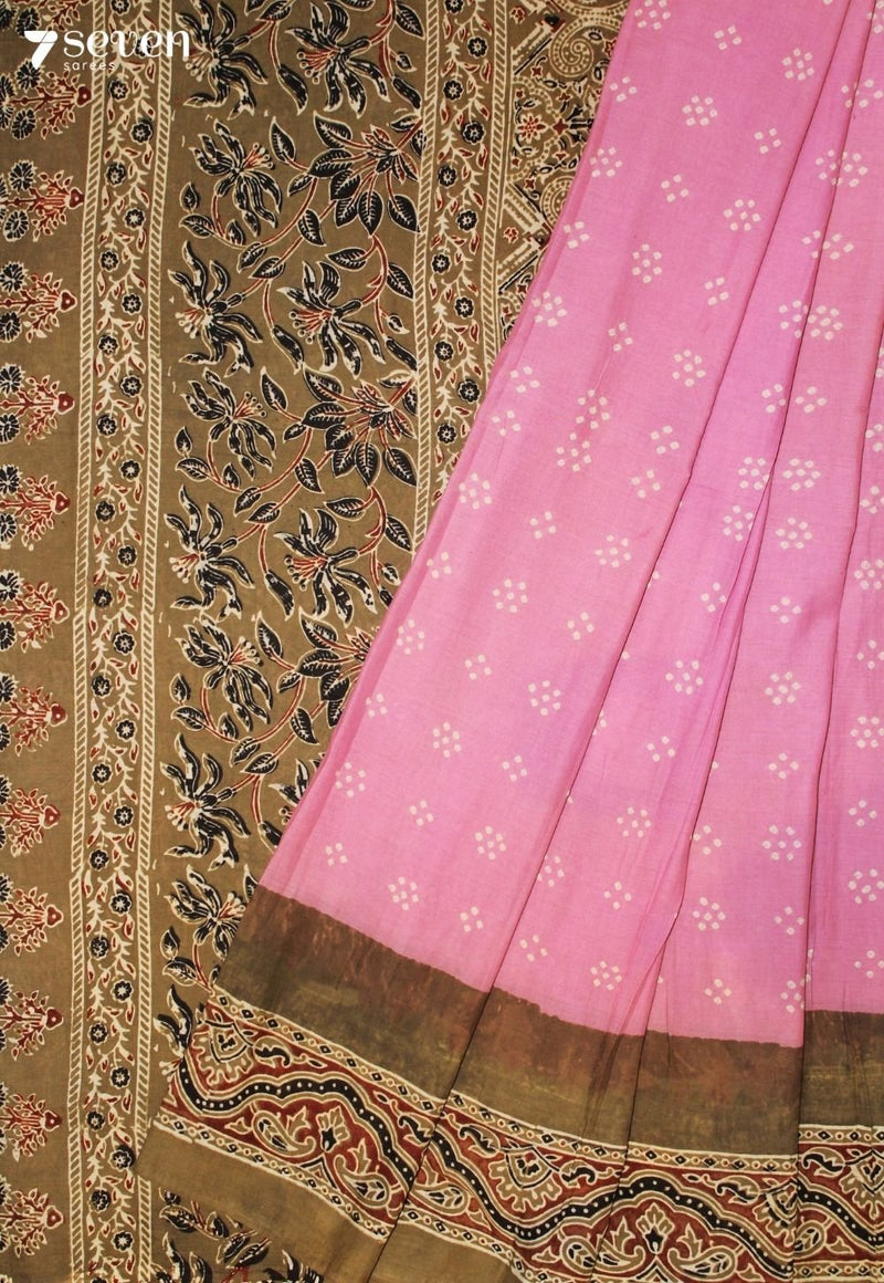Beleni Kutch Pink Handmade Ajrakh Bandhini 100% Cotton Saree - Seven Sarees - Saree - Seven Sarees