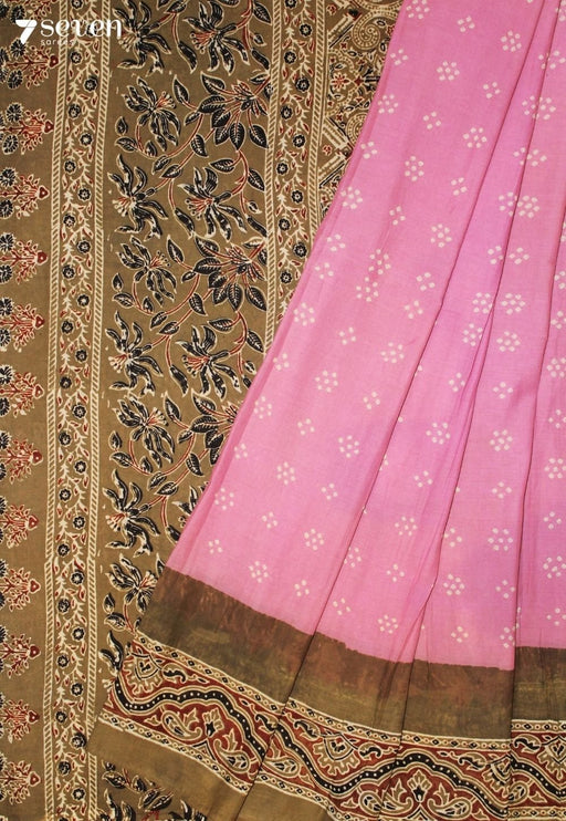 Beleni Kutch Pink Handmade Ajrakh Bandhini 100% Cotton Saree - Seven Sarees - Saree - Seven Sarees