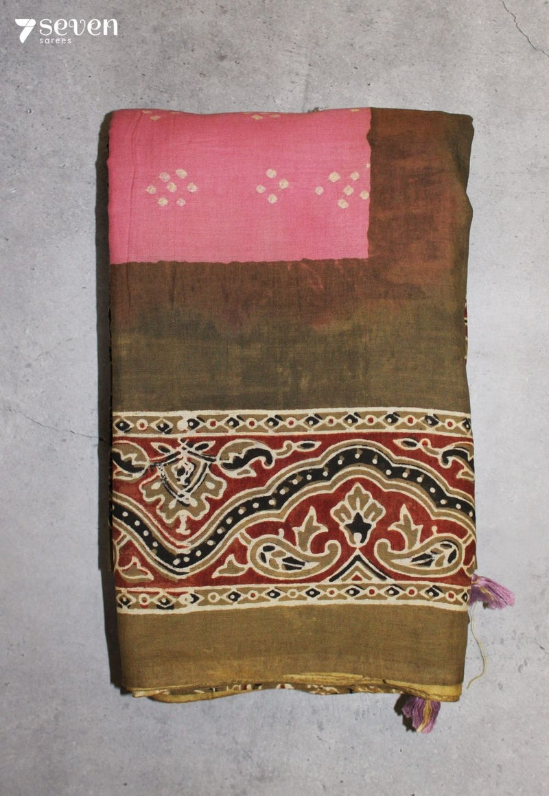 Beleni Kutch Pink Handmade Ajrakh Bandhini 100% Cotton Saree - Seven Sarees - Saree - Seven Sarees