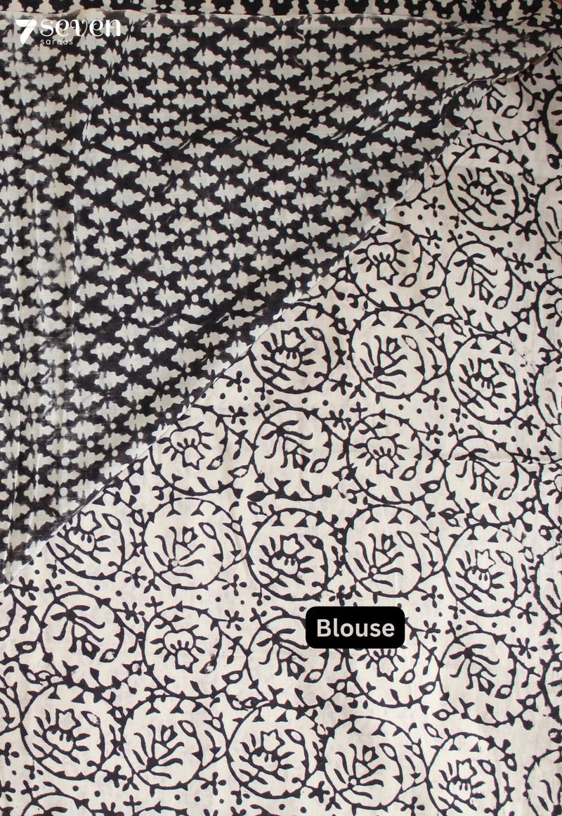 Bhairavai Jaipur Off White Hand Block Printed 100% Cotton Saree - Seven Sarees - Saree - Seven Sarees