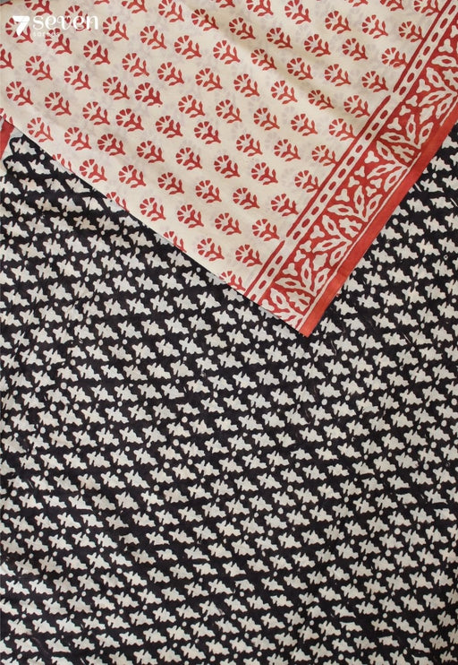 Bhairavai Jaipur Off White Hand Block Printed 100% Cotton Saree - Seven Sarees - Saree - Seven Sarees