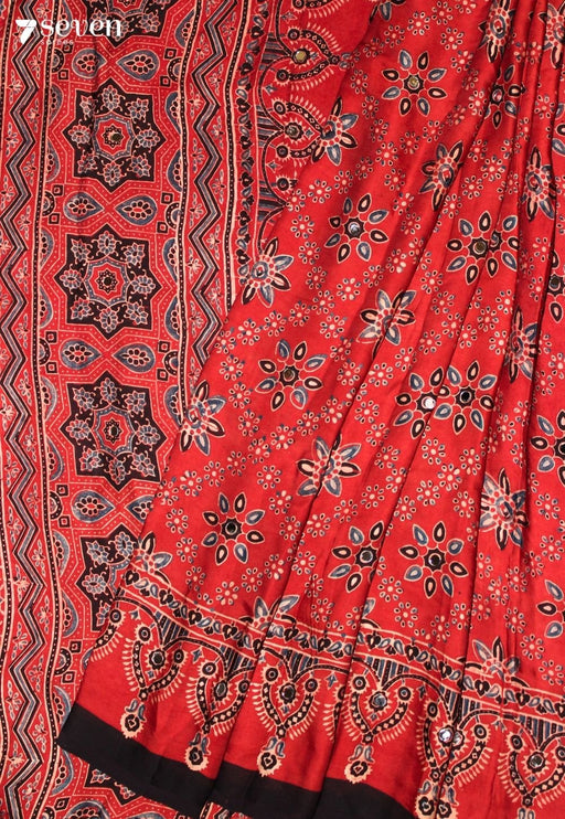 Bhavini Kutch Red Pure Handmade Ajrakh Modal with Handpasted Mirrors
