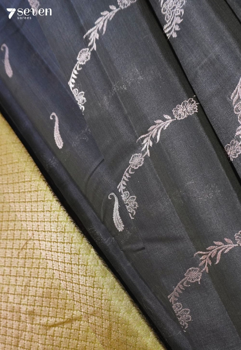 Bloom In Shadow Signature Seven Handloom Black Bangalore Pure Silk Cotton Saree - Seven Sarees - Saree - Seven Sarees