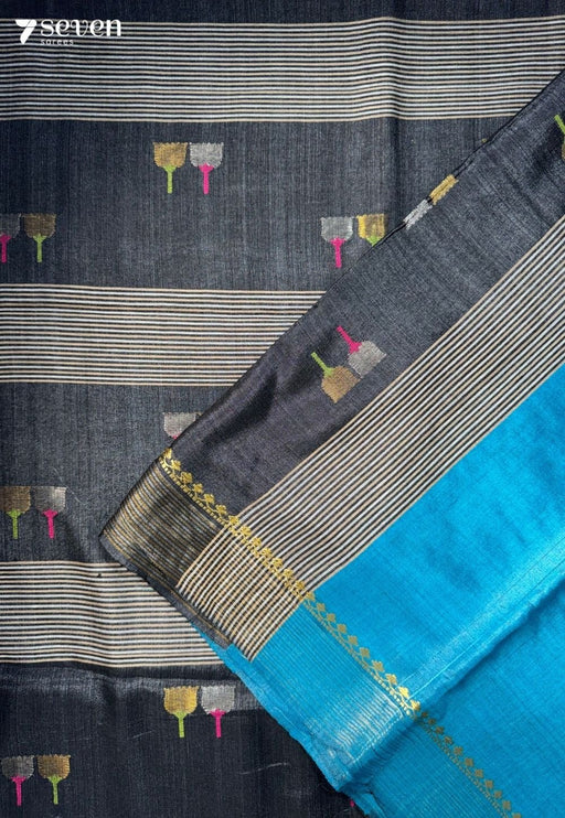 Blooming flowers Chattisgarh Blue Pure Tussar Silk Saree with Black Silk Cotton Pallu - Seven Sarees - Saree - Seven Sarees