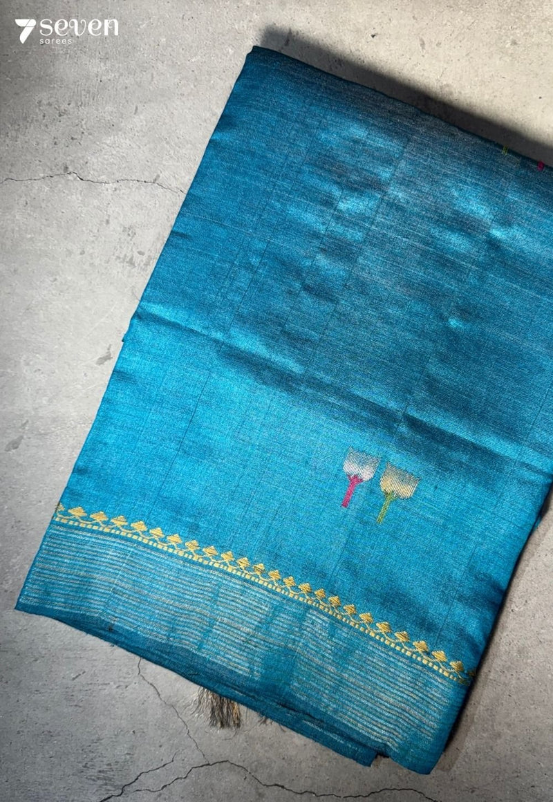 Blooming flowers Chattisgarh Blue Pure Tussar Silk Saree with Black Silk Cotton Pallu - Seven Sarees - Saree - Seven Sarees