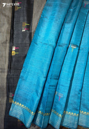 Blooming flowers Chattisgarh Blue Pure Tussar Silk Saree with Black Silk Cotton Pallu - Seven Sarees - Saree - Seven Sarees